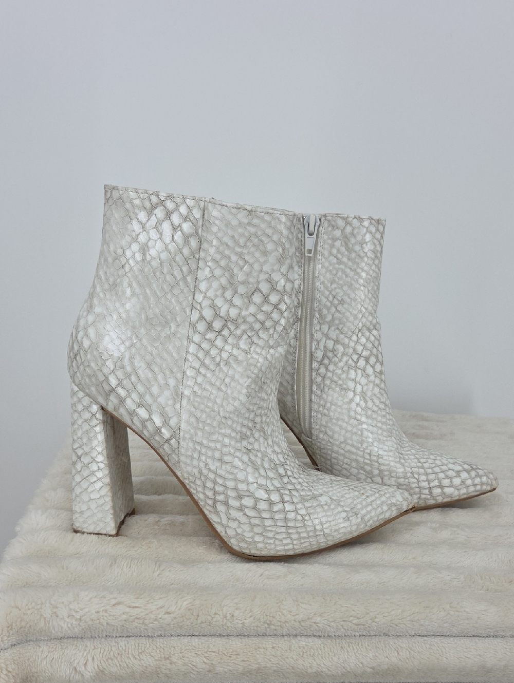 BAMBOO Off-White Snake-Embossed Block Heel Ankle Boots